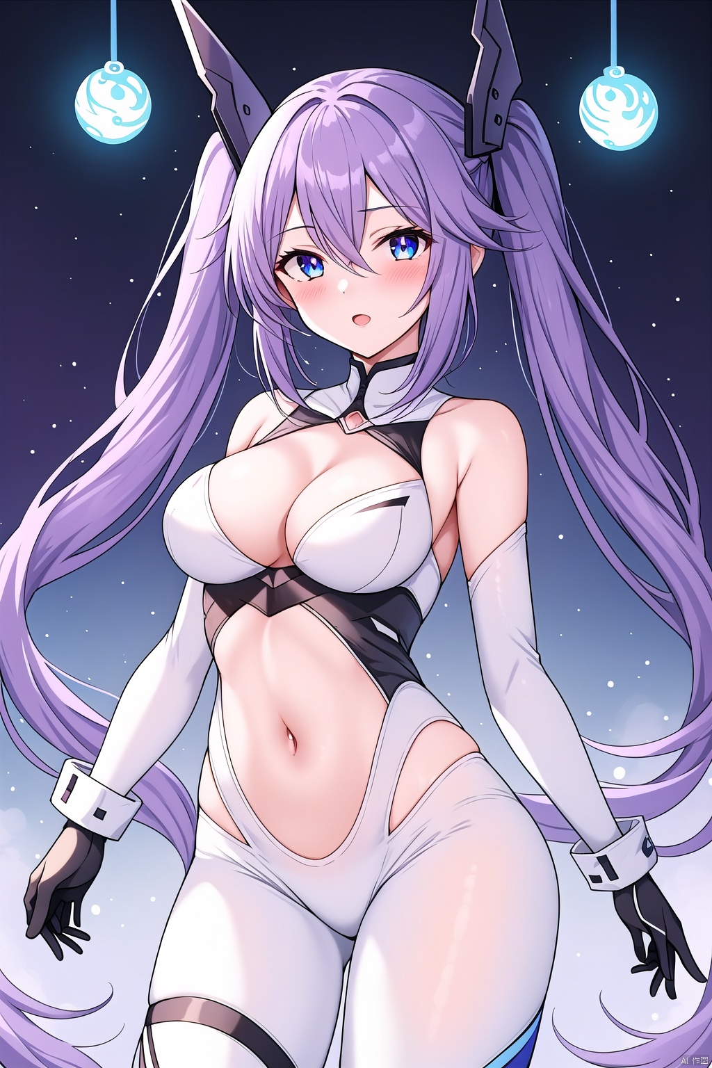  1girl, solo, long hair, breasts, looking at viewer, blush, bangs, blue eyes, hair ornament, gloves, navel, cleavage, hair between eyes, twintails, medium breasts, very long hair, purple hair, ass, braid, cowboy shot, twin braids, symbol-shaped pupils, clothing cutout, bodysuit, headgear, purple heart, eastern dragon,Chinese dragon