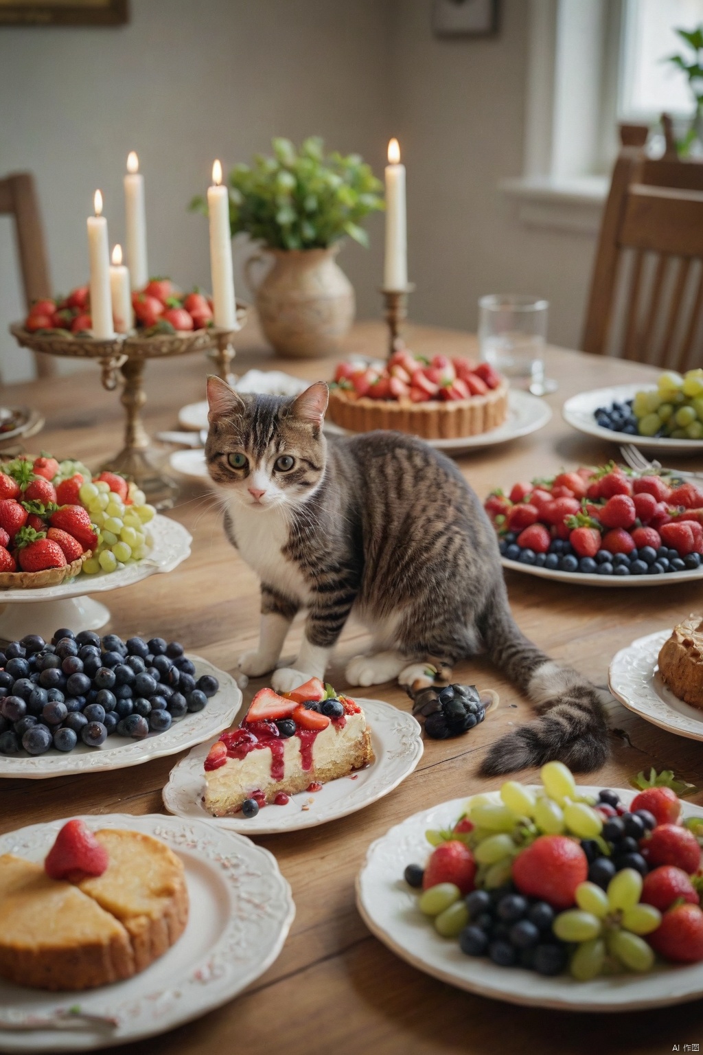  score_9, score_8_up, score_7_up, score_6_up, score_5_up, score_4_up,
food, indoors, blurry, no humans, fruit, depth of field, animal, table, cat, plate, cake, realistic, strawberry, candle, animal focus, grapes, food focus, blueberry