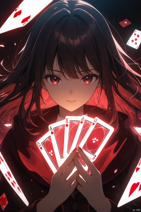 Anime Magic, close-up shot of a girl holding glowing Hologram poker cards in her hands in front of her face, four Ace of Spade in her hands, poker cards flying in the sky, glowing magic effects, dark lighting, highly detailed, ultra-high resolutions, 32K UHD, best masterpiece, lighting quality,red theme,Holographic effect