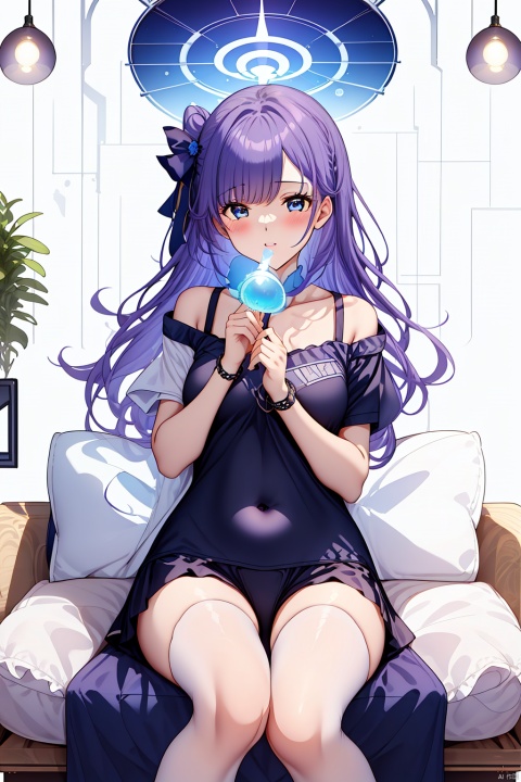  1girl, solo, long hair, breasts, looking at viewer, blush, open mouth, bangs, blue eyes, shirt, hair ornament, navel, bare shoulders, medium breasts, purple hair, thighs, lying, shorts, sleeveless, midriff, indoors, two side up, bare arms, black shirt, short shorts, sleeveless shirt, halo, on side, couch, blue shorts, on couch, yuuka \(blue archive\)