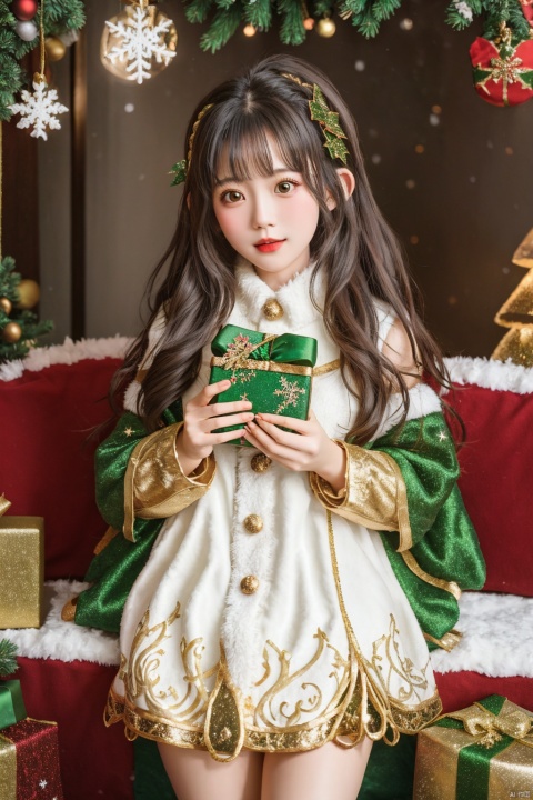  1girl, solo, photo, Snow, outside, Pine, box, christmas tree, merry christmas, holding gift, christmas lights, looking at viewer, bell, ornament, hair ornament, heart-shaped box, UHD, textured skin, high details, 16k
