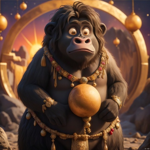  master piece, high quality, 
fat cute gorilla ,
 with a belly, fat,cute, wu,In space,
Planets made of gold and gemstone materials,, gold and gemstones,Sunrise,
Holy radiance,The solar system made of gold and gemstones, shine eyes01,A glowing planet, Depth of Field