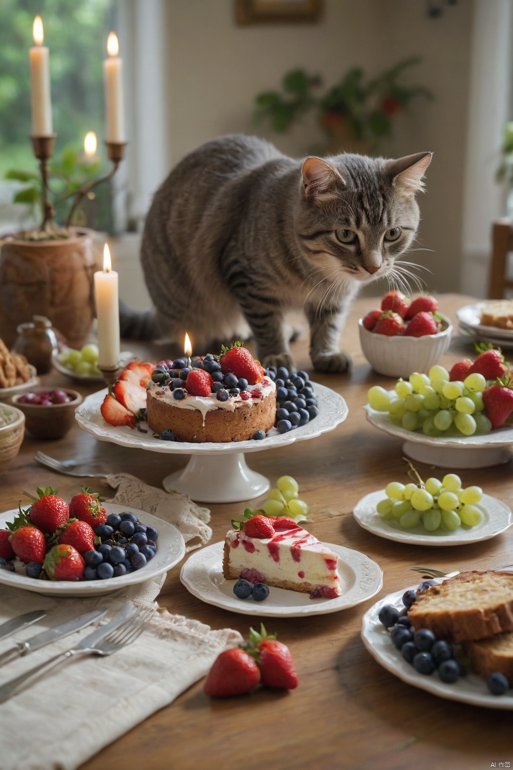  score_9, score_8_up, score_7_up, score_6_up, score_5_up, score_4_up,
food, indoors, blurry, no humans, fruit, depth of field, animal, table, cat, plate, cake, realistic, strawberry, candle, animal focus, grapes, food focus, blueberry