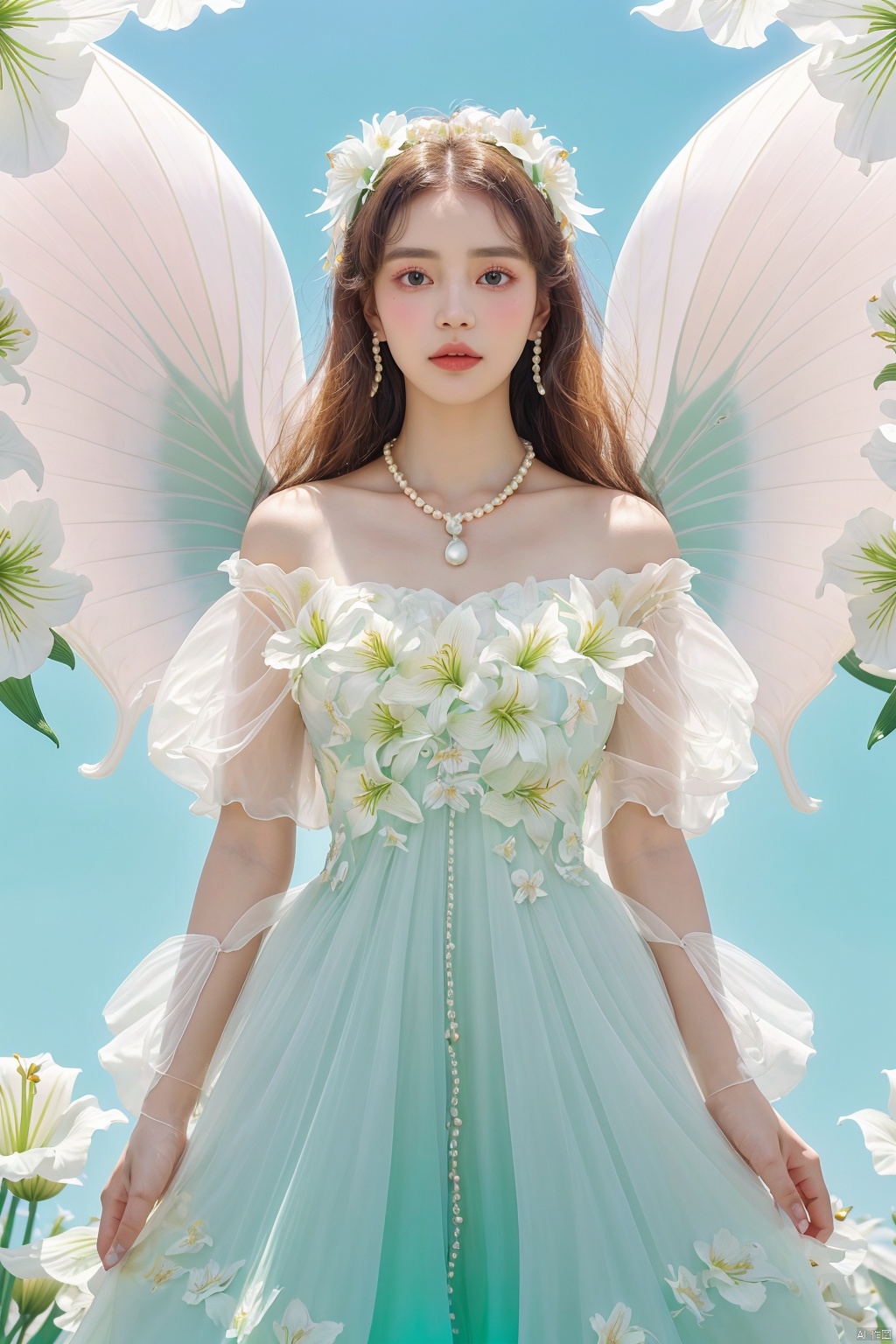 Quality, 8K, extremely intricate details, 1 girl, Lolita, gradient color, careful eyes, transparent wings, gradient art, in the flowers, (huge lily :1.1), sky, (White cloud :0.9), full lens, necklace, pearls and jewelry, 1 girl, flowing dress, light green dress, huge flowers, wide Angle, hdr