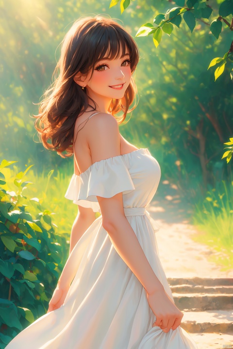 1girl, solo, long hair, breasts, looking at viewer, blush, smile, bangs, brown hair, dress, bare shoulders, brown eyes, standing, short sleeves, outdoors, parted lips, off shoulder, white dress, blurry, from side, leaf, sunlight, stairs, skirt hold, off-shoulder dress, sundress