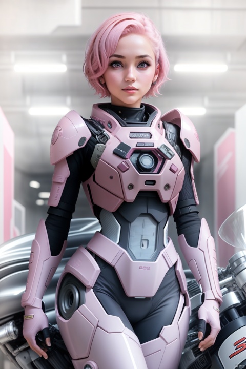 1girl, solo, looking at viewer, short hair,（ Pink eyes：1.8）, full body, pink hair, armor, lips, bodysuit, science fiction, hologram, HD,32k,,Ride a motorcycle