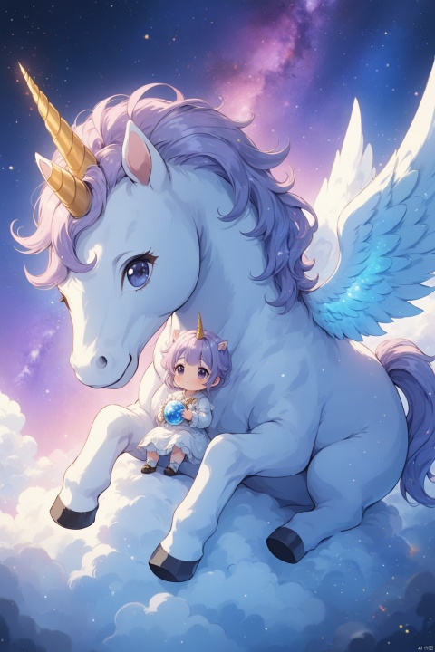  Spirit animal, score_9, score_8_up, score_7_up, score_6_up, score_5_up, score_4_up, sparkling kawaii little baby unicorn sitting on a cloud of nebula dust, light shines through, magical artifact, very detailed, amazing quality, intricate, cinematic light, highly detail, beautiful, surreal, dramatic, galaxy, Anime style