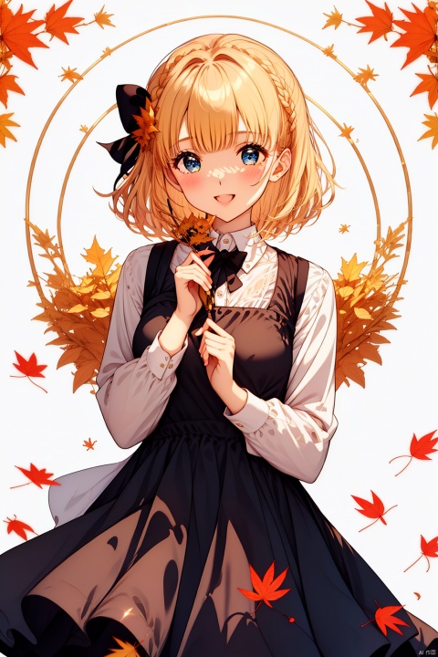  1girl, solo, looking at viewer, blush, smile, short hair, open mouth, bangs, blue eyes, blonde hair, shirt, long sleeves, dress, ribbon, holding, hair ribbon, white shirt, braid, :d, outdoors, teeth, sleeveless, scarf, blurry, plaid, black ribbon, sleeveless dress, blurry background, leaf, upper teeth only, pinafore dress, autumn leaves, maple leaf, plaid scarf, autumn, brown scarf, holding leaf, masterpiece