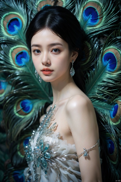 sdmai,Peacock style, 1girl, solo, jewelry, earrings, black hair, looking at viewer, straight-on, upper body, realistic, gem, bare shoulders,lips,
