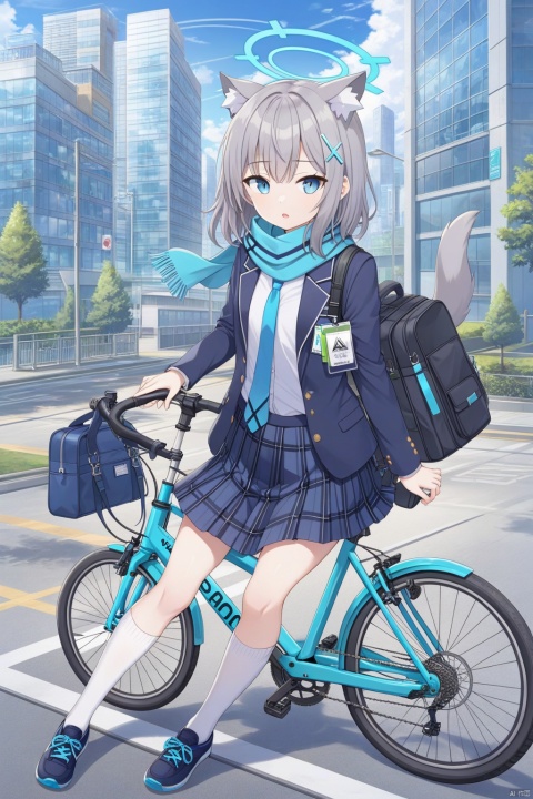1girl, solo, looking at viewer, open mouth, bangs, blue eyes, skirt, shirt, hair ornament, long sleeves, animal ears, school uniform, jacket, full body, white shirt, weapon, grey hair, pleated skirt, outdoors, open clothes, necktie, shoes, socks, cat ears, medium hair, bag, scarf, open jacket, black jacket, animal ear fluff, plaid, kneehighs, halo, plaid skirt, wolf ears, blazer, white socks, blue jacket, ground vehicle, building, sneakers, extra ears, school bag, blue necktie, city, assault rifle, id card, blue scarf, bicycle, cross hair ornament, mismatched pupils, sig sauer, shiroko \(blue archive\)