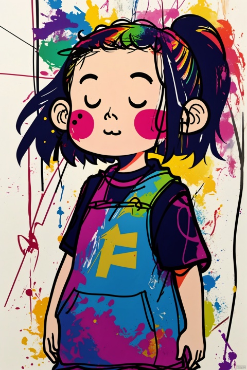  A girl,solo,cute,lines,rainbow colors,colored spray paint,colored inkdrops,, children