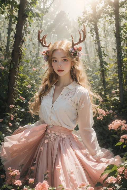  Vintage portrait, photography style, soft focus, pure face,Deer, girl, antlers, vine with leaves, Blonde hair, European and American advanced face, freckles, Detailed light and shadow, Wind, (Strong Sunshine),Two plaits, The forest,Front light source,
, (\xing he\), tm, flowing skirts,Giant flowers,, pink fantasy