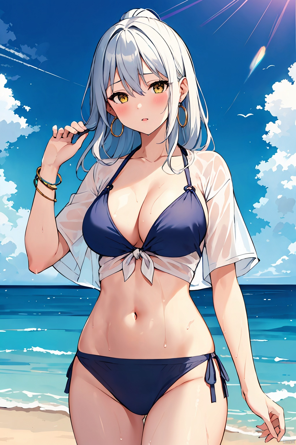  1girl, solo, shirt, swimsuit, bikini, breasts, long hair, white shirt, navel, looking at viewer, upper body, wet, short sleeves, wet clothes, outdoors, see-through, earrings, parted lips, jewelry, arm up, tied shirt, wet shirt, yellow eyes, white hair, halterneck, holding, stomach, hair between eyes, midriff, sky, large breasts, sidelocks, bangs, day, ponytail, hoop earrings, cloud, blush, ocean, bikini under clothes, crop top, holding hair, collarbone, water, masterpiece