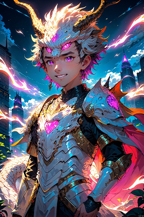  the poster of the anime character with an horned head, in the style of neon lights, futurism, handsome, i can't believe how beautiful this is, 2d game art, white, fantasy characters, Anime style, mlonggwang
solo, 1boy, purple eyes, male focus, outdoors, sky, teeth, armor, no humans, glowing, sharp teeth, building, science fiction, monster, city, dragon, lbbao