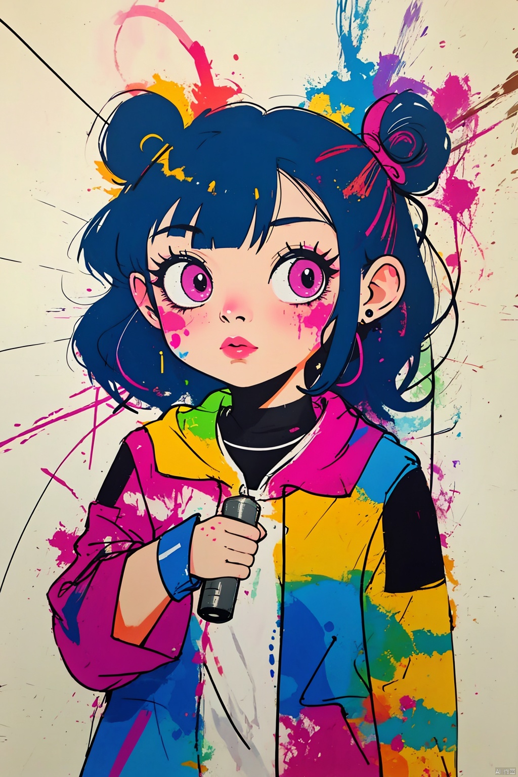  A girl,solo,cute,lines,rainbow colors,colored spray paint,colored inkdrops,,