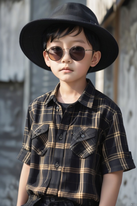  Real, photo, 10 year old, single, looking at the audience, plaid shirt, black hair, boy, hat, Fashion shirt, top, short sleeve, Male focus, outdoor, day, blur, plaid, blur background, sunglasses, Reality, plaid shirt