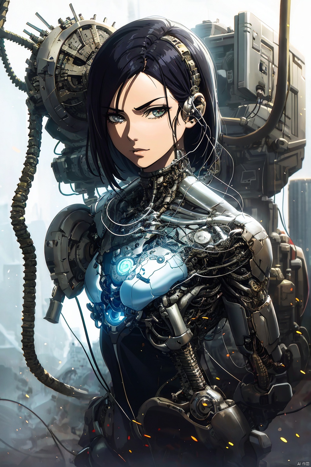  masterpiece,best quality,1mechanical girl,detailed face,shadows,8k,ultra sharp,metal,intricate,ornaments detailed,cold colors,egypician detail,highly intricate details,rending on cgsociety,facing camera,machanical limbs,mechanical cervial attaching to neck,wires and cables connecting to head,killing machine,ghost in the shell,((anime art style)),