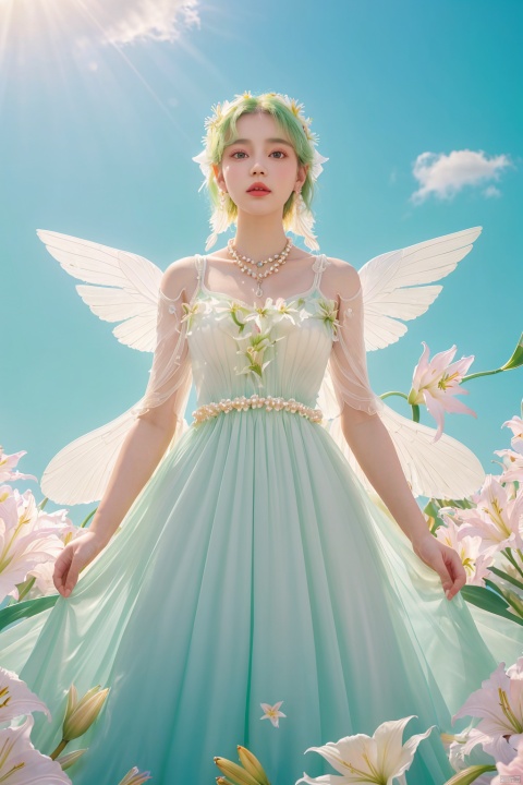  Quality, 8K, extremely intricate details, 1 girl, Lolita, gradient color, careful eyes, transparent wings, gradient art, in the flowers, (huge lily :1.1), sky, (White cloud :0.9), full lens, necklace, pearls and jewelry, 1 girl, flowing dress, light green dress, huge flowers, wide Angle, hdr