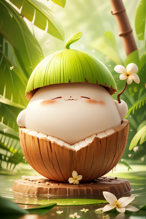 Hat,coconut,Coconut blind box,blush,closed eyes,dandelion,depth of field,flower,grass,hat,leaf,solo,sunlight,white flower