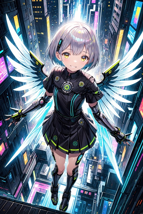 best quality,hight quality,(from_above:1.21),(rim_light:1.1),(colorful:1.2),(1girl),solo,smile,(cyborg:1.1),[school uniform],short hair,(hitodama_print:1.2),(Mechanical leg:1.2),Half-finger gloves,(mechanical_wings:1.21),pleated skir,android,hologram,city,tholographic interface,smart displayLaser,Aurora,absurdres,(hdr:1.22),(cyberpunk:1.1),science fiction,(medium close-up:0.7),wallpaper,