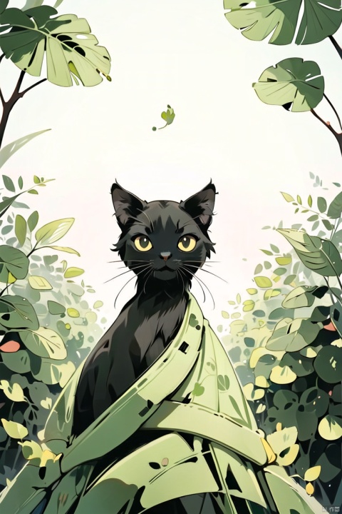 ,
no humans, cat, animal focus, plant, green eyes, leaf, looking at viewer, traditional media, black cat, animal, outdoors, green theme, foliage