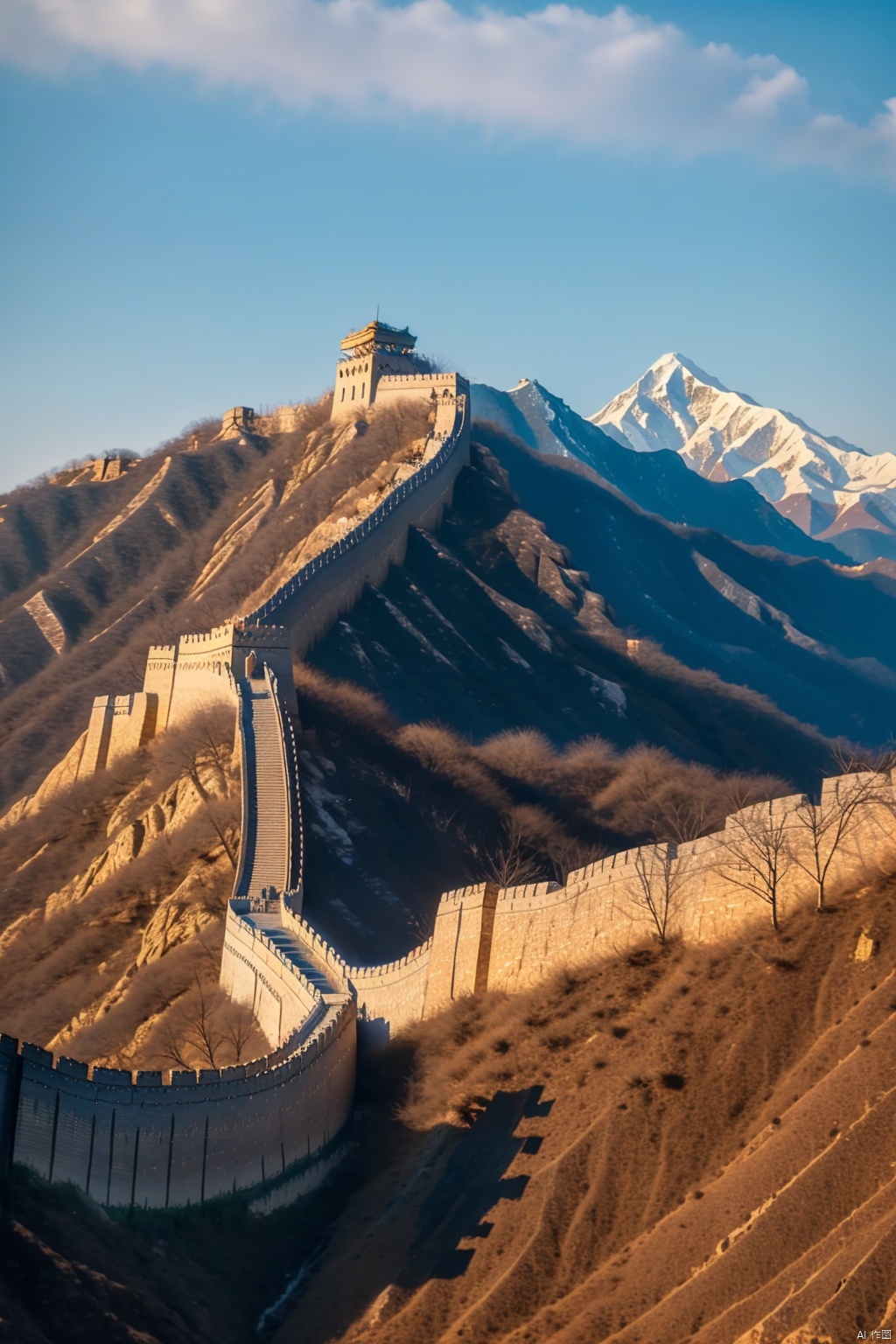  A breathtaking masterpiece featuring the stunning beauty of the Great Wall of China in an 8k resolution. The image showcases the intricate details and complexity of this ancient architectural wonder. The scene is bathed in vibrant colors, with a vibrant red dominating the composition, symbolizing the rich cultural heritage of China. Towering mountains serve as a majestic backdrop, accentuating the grandeur of the Great Wall. Lush trees dot the landscape, adding a touch of serenity to the scene. The sky is adorned with fluffy, white clouds, hinting at a calm and peaceful day. The image is rendered with the utmost precision and clarity, capturing every minutiae of the Great Wall and its surroundings. The scene is bathed in natural sunlight, casting a warm, golden glow on the entire composition, enhancing the overall visual appeal.

, Wide angle,hdr