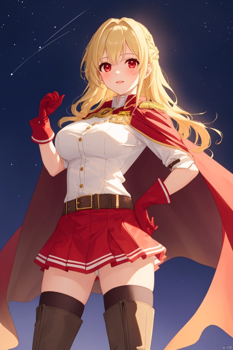 1girl, solo, long hair, breasts, looking at viewer, skirt, blonde hair, red eyes, thighhighs, gloves, boots, belt, star \(symbol\), cape, uniform, zettai ryouiki, military, red gloves, red cape