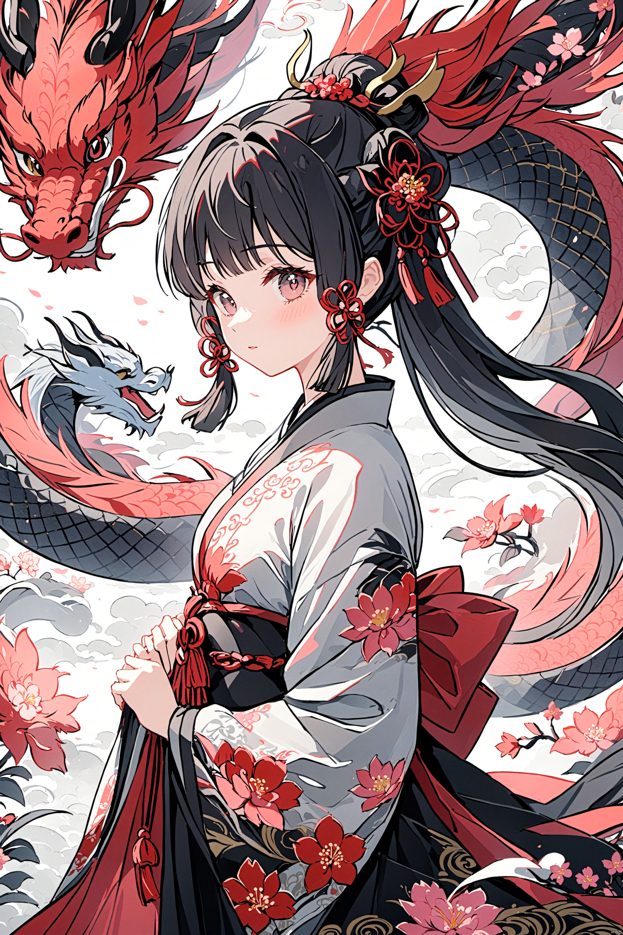  masterpiece, best quality, 1girl, wear pink chinese traditional hanfu,floral print,pink dragon on the left side behind,super detailed,8K,wallpaper,illustration,red and grey black illustration,intricate details,clear lines,bright and soft light, (\lei dian jiang jun\), (gan yu),yae_miko,閽熺, nahida,kamisato_ayaka