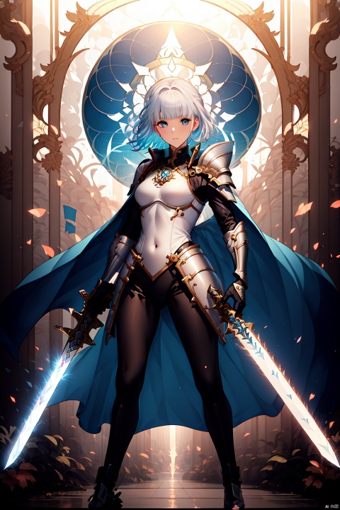  1girl, solo, looking at viewer, short hair, bangs, blue eyes, holding, closed mouth, standing, full body, weapon, white hair, multicolored hair, sword, holding weapon, armor, bodysuit, holding sword, walking, science fiction, dual wielding, arms at sides, white bodysuit, energy sword