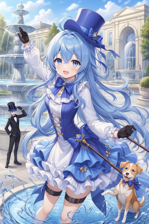 1girl, long hair, looking at viewer, smile, open mouth, bangs, blue eyes, gloves, long sleeves, 1boy, hat, dress, bow, holding, hair between eyes, jewelry, very long hair, blue hair, standing, ahoge, white hair, :d, outdoors, frills, black gloves, water, arm up, thigh strap, blue headwear, dog, top hat, cane, fountain
