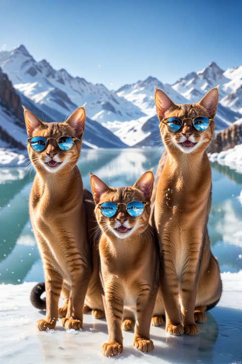 A group of Abyssinian cats fashion sunglasses, surprise, cute, laugh,  outdoors, sky, day, blue sky, no humans, scenery, snow, reflection, ice, mountain, motion blur, lake, frozen