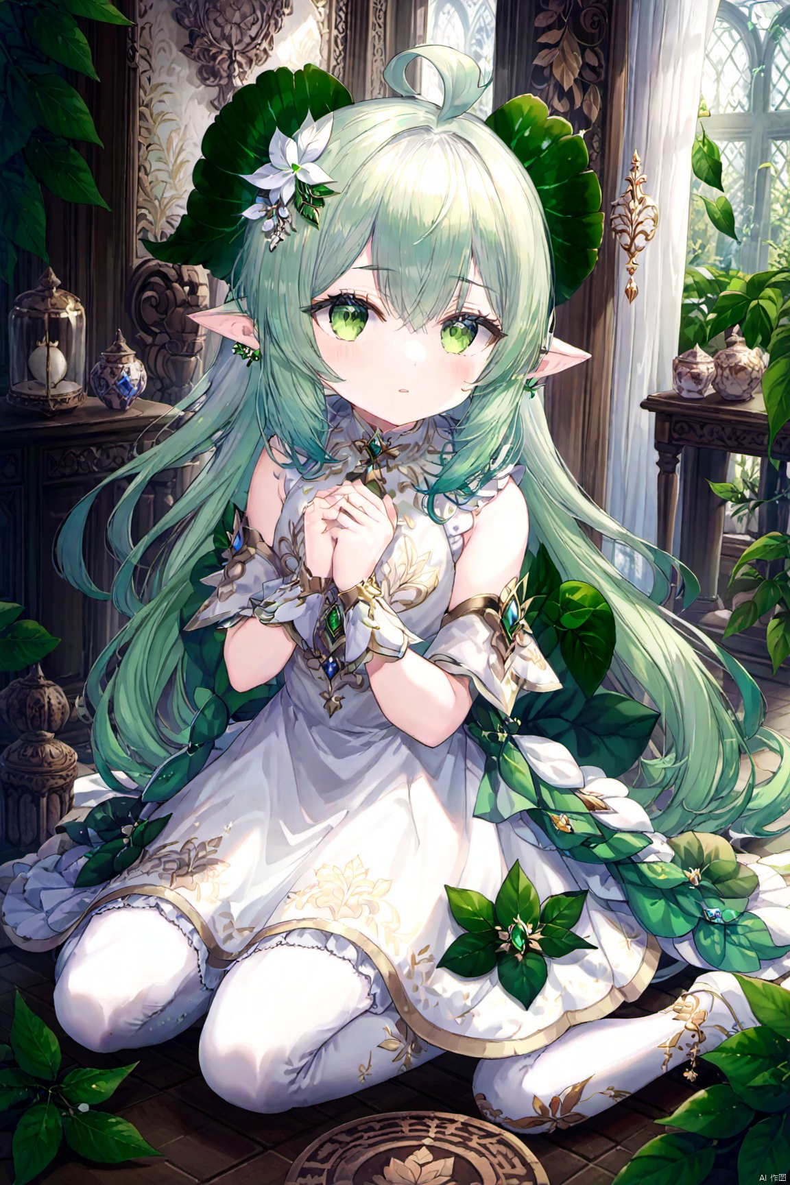 ,a girl named nahida,nahida,pointy ears,bangs,1girl,white hair,hair ornament,gradient hair,symbol-shaped pupils,green hair,white dress,jewelry,green eyes,detached sleeves,leaf hair ornament,,indoors,kneeling, 1girl,, (masterpiece,best quality:1.2),absurdres, a girl named nahida