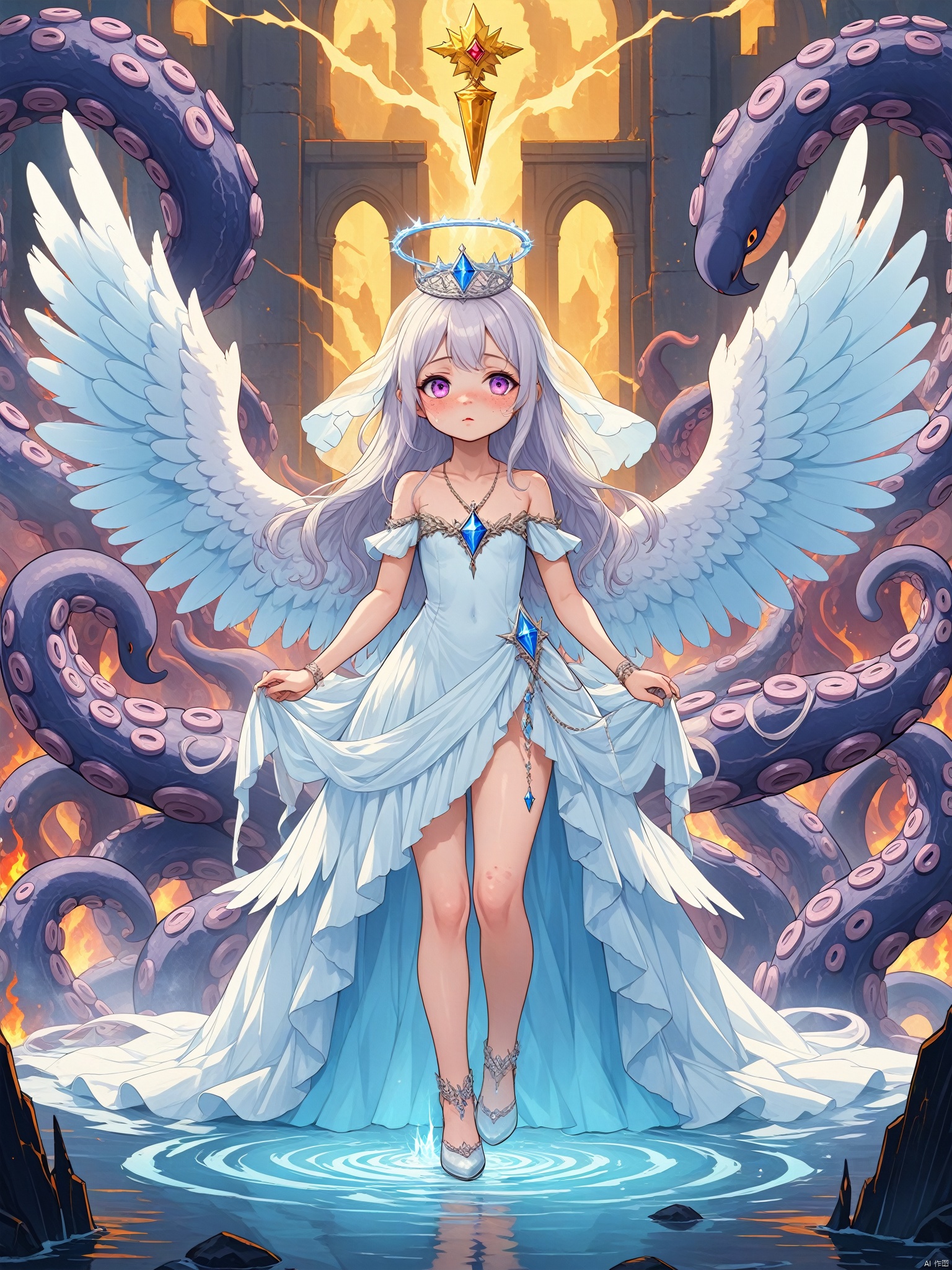 2d游戏角色Lori, petite, 1girl, dress, solo, white hair, princess, crown, halo, angel wings, tentacles, long hair, white and blue translucent crystal swan feather skirt, looking at the audience, crystal pendant, veil, face freckles, bare shoulders, heterochromatic eyes, mouth closed, standing, long dress, collarbone, angel, purple fire element, lightning, title, poster, masterpiece, best quality, high definition, 16k