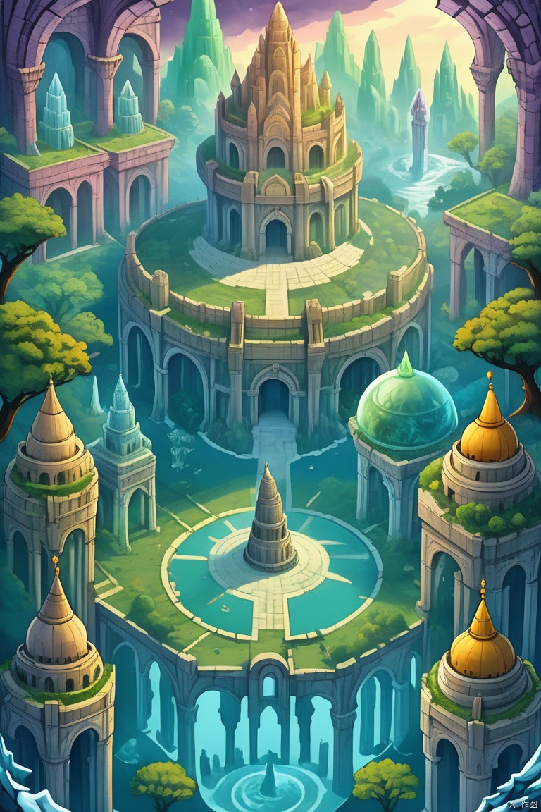 A once-great palace, now in ruins, lies frozen beneath the ice, its crumbling towers a testament to the power of nature. The scene depicts a surreal landscape, filled with otherworldly creatures and plants that radiate an ethereal glow. The atmosphere is peaceful and serene, as if the palace is a sanctuary from the chaos of the world outside.
