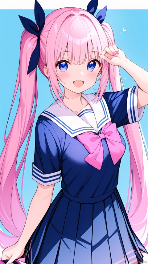  1girl, solo, long hair, looking at viewer, smile, open mouth, bangs, blue eyes, skirt, blonde hair, shirt, bow, holding, twintails, very long hair, school uniform, blue hair, pink hair, short sleeves, hair bow, multicolored hair, pleated skirt, one eye closed, serafuku, sailor collar, nail polish, blue bow, ;d, blue shirt, pointing, microphone, pink nails, holding microphone, pointing at viewer, quad tails, screen, masterpiece