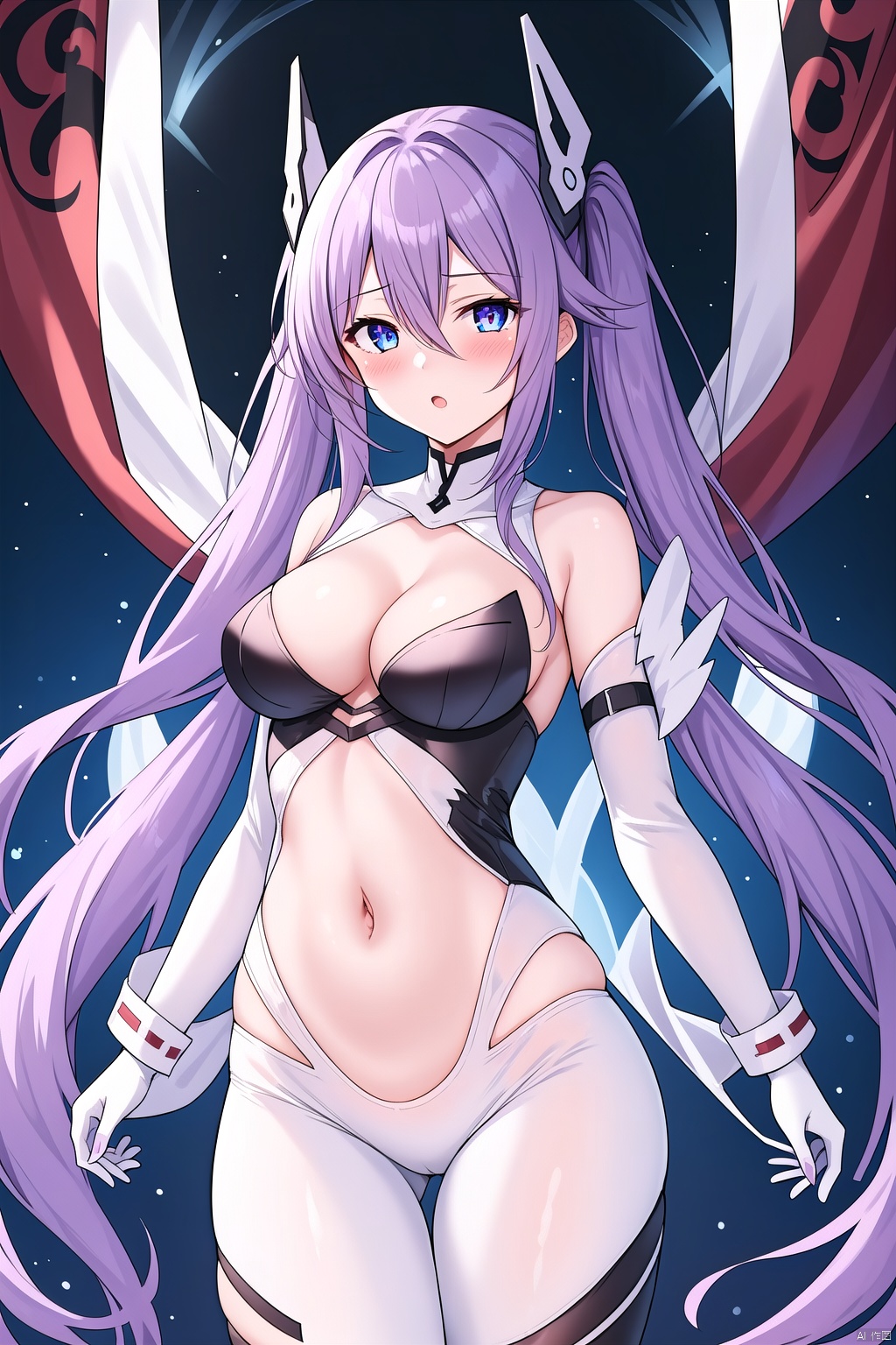  1girl, solo, long hair, breasts, looking at viewer, blush, bangs, blue eyes, hair ornament, gloves, navel, cleavage, hair between eyes, twintails, medium breasts, very long hair, purple hair, ass, braid, cowboy shot, twin braids, symbol-shaped pupils, clothing cutout, bodysuit, headgear, purple heart, eastern dragon,Chinese dragon