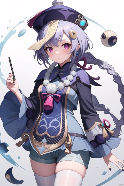 1girl, solo, long hair, looking at viewer, bangs, hair ornament, thighhighs, long sleeves, hat, white background, holding, jewelry, purple eyes, purple hair, braid, shorts, wide sleeves, necklace, nail polish, white thighhighs, single braid, chinese clothes, black nails, beads, braided ponytail, ofuda, vision \(genshin impact\), yin yang, jiangshi, bead necklace, orb, qing guanmao, talisman, coin hair ornament, qiqi \(genshin impact\), qiqi (genshin impact), masterpiece