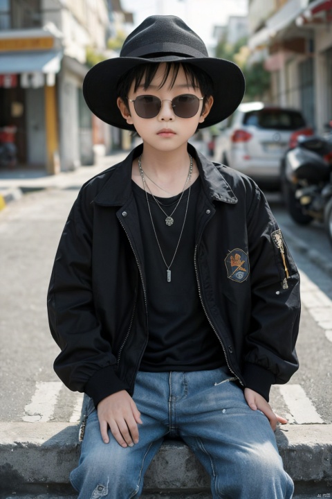 Real,photo,5-year-oldchild, solo, shirt, black hair, 1boy, hat, jewelry, sitting, jacket, male focus, outdoors, day, pants, necklace, blurry, sunglasses, ground vehicle, building, motor vehicle, realistic