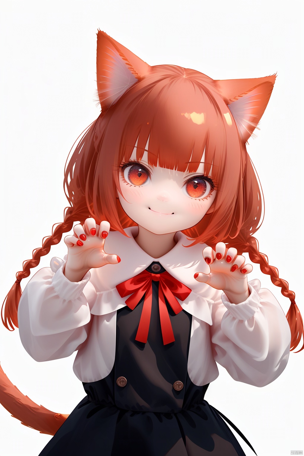  Ney 3, 1girl, red nails, animal ears, solo, red eyes, cat ears, red hair, closed one eye, tail, double braids, simple background, braids, white background, cat tail, bangs, dress, ribbon, long hair, nail polish, red ribbon, looking at the audience, neck ribbon, long sleeves, kaenbyou rin, claw pose, black dress, blunt bangs, animal ear fluff, raised hands, fluffy sleeves, closed mouth, double tail, bow, cowboy shot, smile