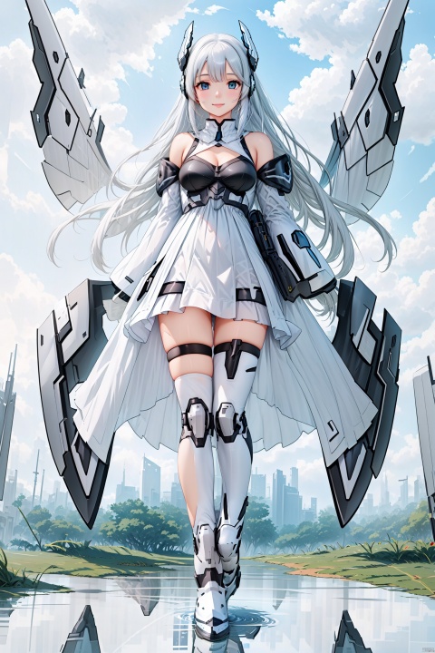  1girl, solo, long hair, breasts, looking at viewer, smile, bangs, blue eyes, thighhighs, dress, bare shoulders, medium breasts, full body, weapon, white hair, boots, outdoors, detached sleeves, wings, sky, day, sword, cloud, water, white dress, armor, zettai ryouiki, petals, floating hair, headgear, cloudy sky, floating, reflection, armored boots, mecha musume, mechanical wings