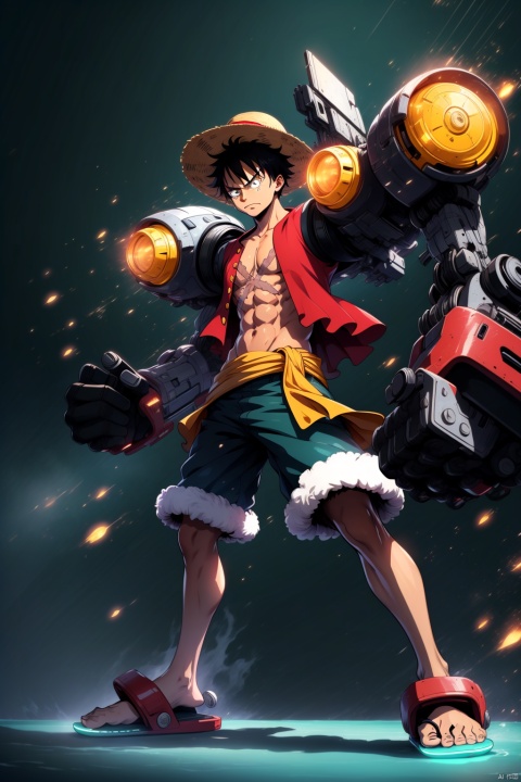  A boy, black hair, glow, Mech, slippers, dynamic pose, Cyberpunk, green background, Luffy, straw hat, pirate ship, boundless ocean