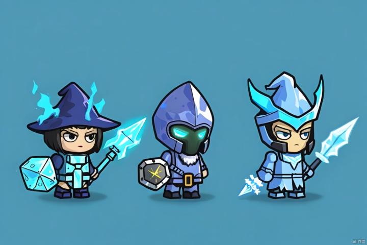  Three game characters, mecha-clad warrior, ice elemental mage, wizard