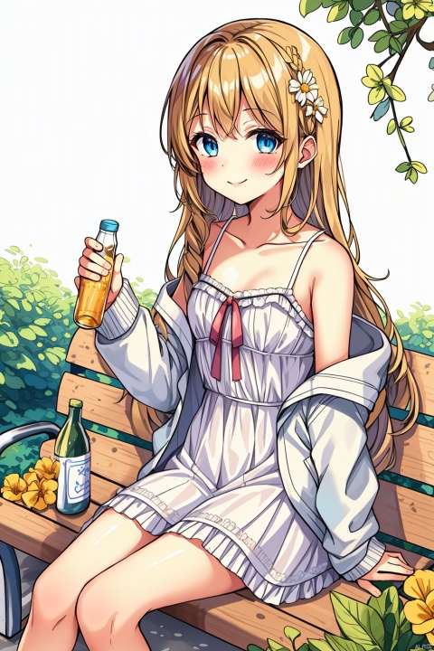 1girl, solo, long hair, looking at viewer, blush, smile, bangs, blue eyes, blonde hair, long sleeves, white background, dress, bow, holding, bare shoulders, sitting, very long hair, closed mouth, collarbone, jacket, hair bow, sidelocks, frills, food, open clothes, sleeveless, off shoulder, white dress, open jacket, sleeves past wrists, sleeveless dress, frilled dress, bottle, white bow, blue jacket, yellow flower, spaghetti strap, bench, holding bottle, on bench