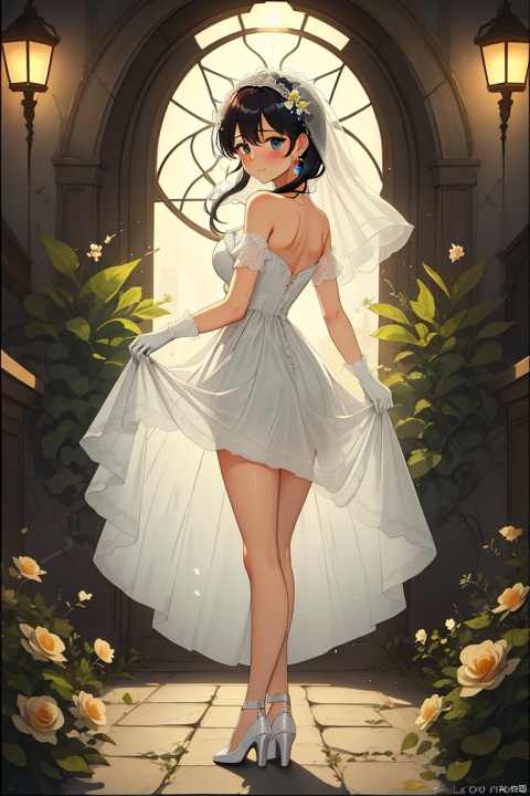  (masterpiece), (best quality), illustration, ultra detailed, hdr, Depth of field, (colorful), loli,1girl, dress, veil, official alternate costume, full body, solo, breasts, long hair, white dress, looking at viewer, blush, jewelry, ass, high heels, bangs, bridal veil, earrings, standing, gun, bare shoulders, gloves, character name, looking back, white gloves, weapon, blue eyes, from behind, medium breasts, see-through, torn dress, torn clothes, wedding dress, copyright name, closed mouth, watson cross, white footwear, skirt hold, bare legs, flower, sidelocks, hair between eyes, strapless, multicolored hair, back, braid, hair ornament, strapless dress, white flower, light brown hair, crossed legs
, masterpiece