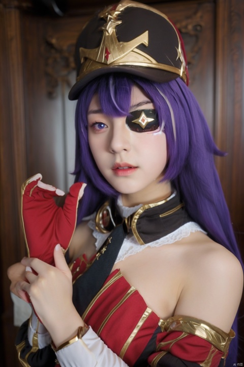  (Best quality: 1.1), (highly details: 1.1), chevreuse_\(genshin_impact\), 1girl, long hair, solo, hat, eyepatch, purple hair, , hevreuse_\(genshin_impact\)