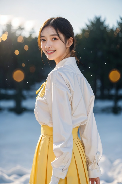yellow theme,masterpiece,best quality,snowing,ray tracing,backlighting,dutch angle,leaning forward,half side,1girl,solo,light smile,looking at viewer,arms behind back,oversized shirt,oversized clothes,school uniform,serafuku,beautiful detailed sky,(blurry foreground:1.2),light particles,bokeh,blurry,depth of field,blurry background,
,,,,