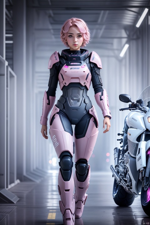  1girl, solo, looking at viewer, short hair,（ Pink eyes：1.8）, full body, pink hair, armor, lips, bodysuit, science fiction, hologram, HD,32k,Motorcycle