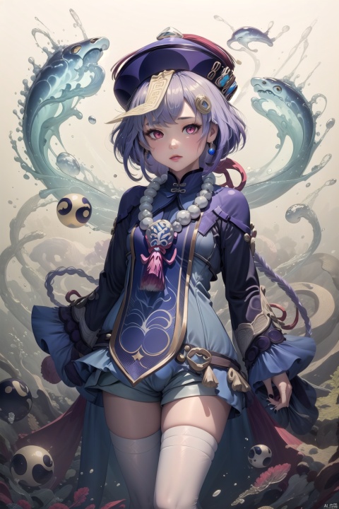 1girl, solo, long hair, looking at viewer, bangs, hair ornament, thighhighs, long sleeves, hat, white background, holding, jewelry, purple eyes, purple hair, braid, shorts, wide sleeves, necklace, nail polish, white thighhighs, single braid, chinese clothes, black nails, beads, braided ponytail, ofuda, vision \(genshin impact\), yin yang, jiangshi, bead necklace, orb, qing guanmao, talisman, coin hair ornament, qiqi \(genshin impact\), qiqi (genshin impact)