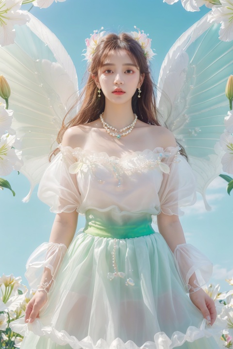 Quality, 8K, extremely intricate details, 1 girl, Lolita, careful eyes, transparent wings, gradient art, in the flowers, (huge lily :1.1), sky, (White cloud :0.9), full lens, necklace, pearls and jewelry, 1 girl, flowing skirt, light green skirt, huge flowers, wide Angle, hdr