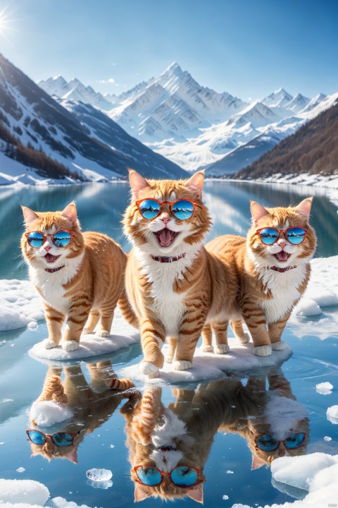 A bunch of German curly cats fashion sunglasses, surprise, cute, laugh,  outdoors, sky, day, blue sky, no humans, scenery, snow, reflection, ice, mountain, motion blur, lake, frozen